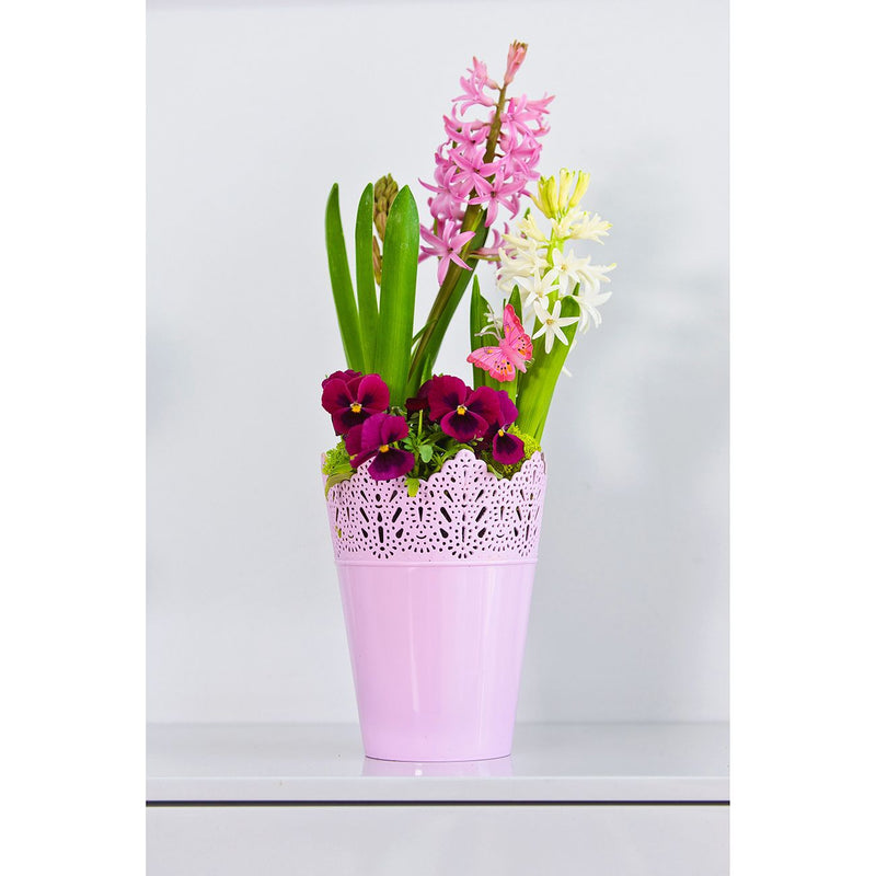 Koronka ghiveci dantelat din plastic roz, 12 cm