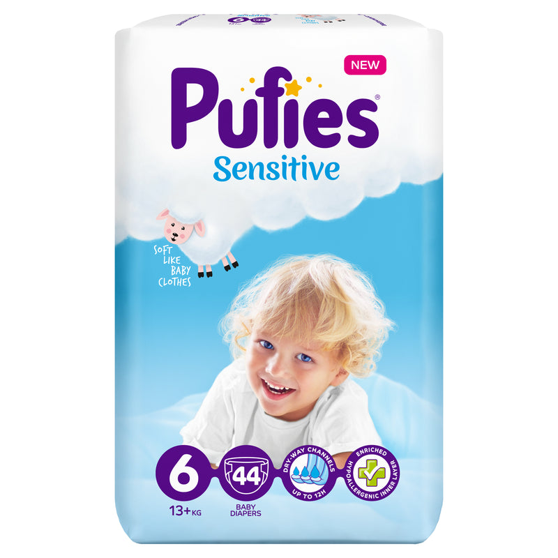Scutece Pufies Sensitive 6 Extra Large, Maxi Pack, 44 Buc