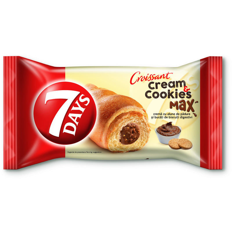 Croissant 7Days cream & cookies umplut cu crema de lapte aromat de vanilie cu biscuiti de cacao 80g