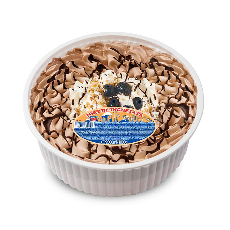 Alpin tort de inghetata cu ciocolata, fructe de padure, arome de vanilie si frisca, cu glazura de cacao, cirese amareno si arahide 2000ml