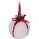 Glob de Craciun, alb, decorat cu ramura de brad si panglica rosie, 8cm