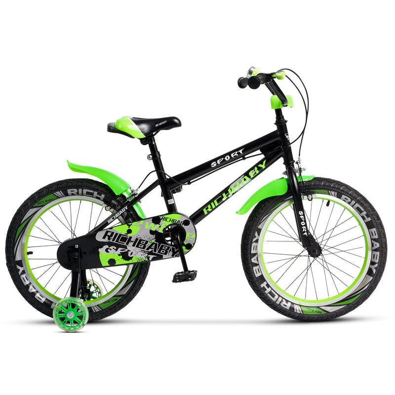Bicicleta pentru copii Rich Baby R1803A, roti 18 inch, frane C-Brake, roti ajutatoare cu LED, cadru negru cu design verde, 5-7 ani