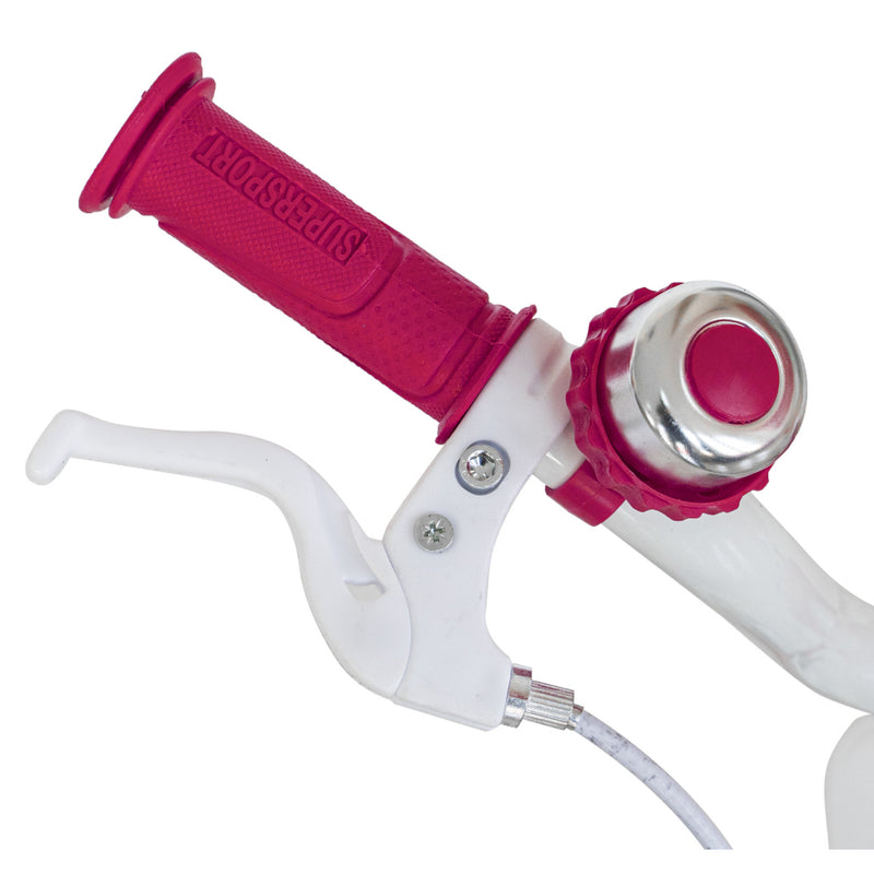 Bicicleta pentru copii Rich Baby R1804A, roti 18 Inch, frane C-Brake, roti ajutatoare cu LED, cadru fucsia cu design alb, 5-7 ani