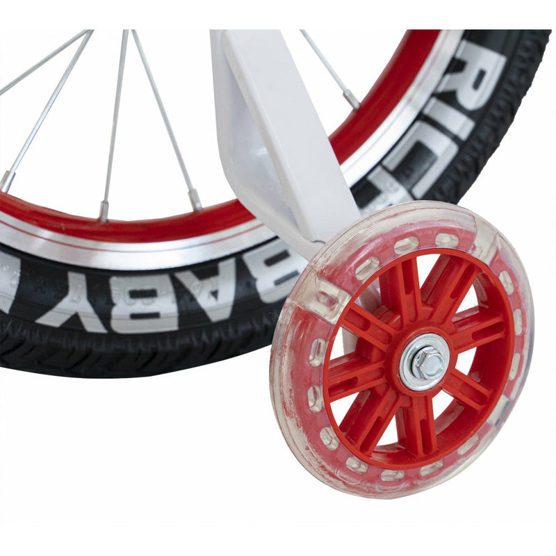 Bicicleta pentru copii Rich Baby R1804A, roti 18 Inch, frane C-Brake, roti ajutatoare cu LED, cadru rosu cu design alb, 5-7 ani