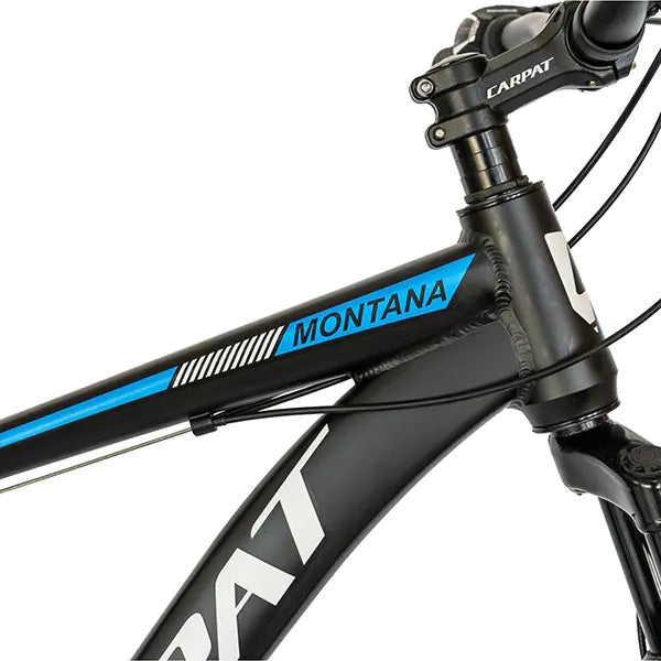 Bicicleta MTB-HT Carpat C2799A cu cadru din aluminiu, 27.5 inch, 21 viteze, schimbatoare Shimano, frane pe disc, negru/albastru