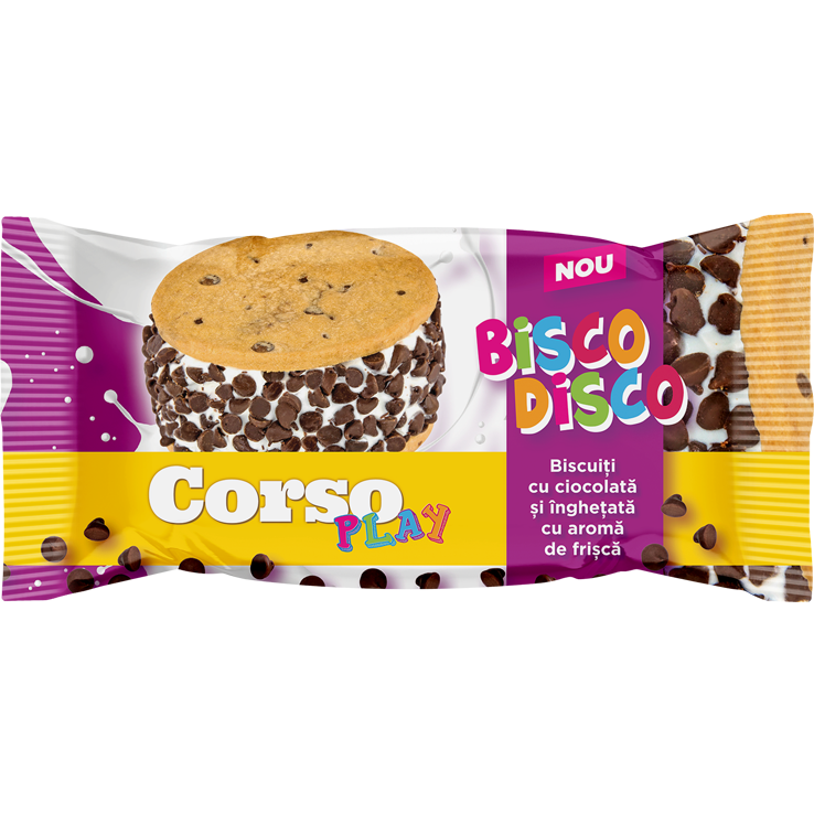 Corso Play Bisco Disco biscuiti cu ciocolata si inghetata cu aroma de frisca 85ml