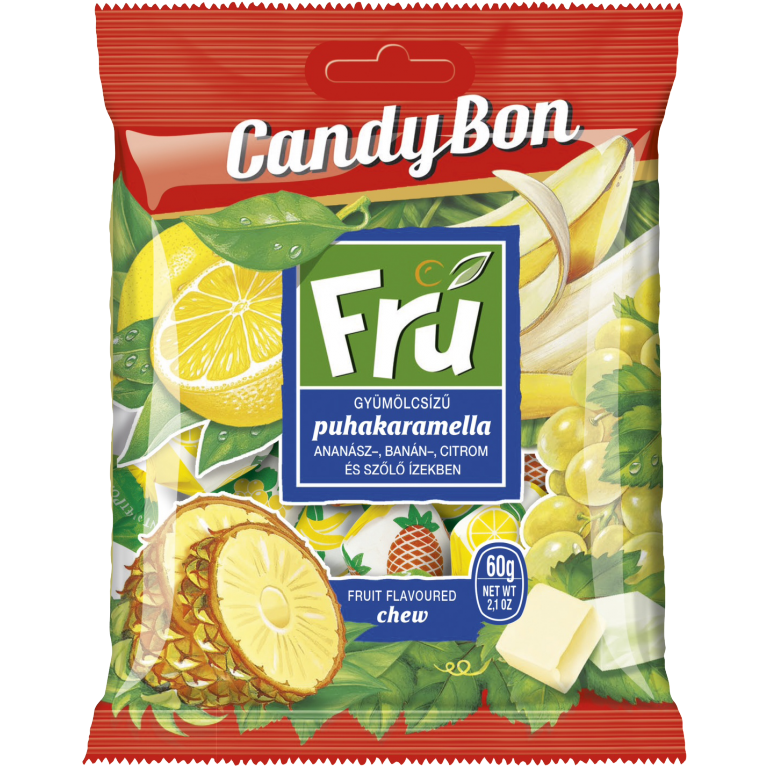Fru Caramele moi cu gust de fructe, ananas, banane, lamaie si struguri 60g