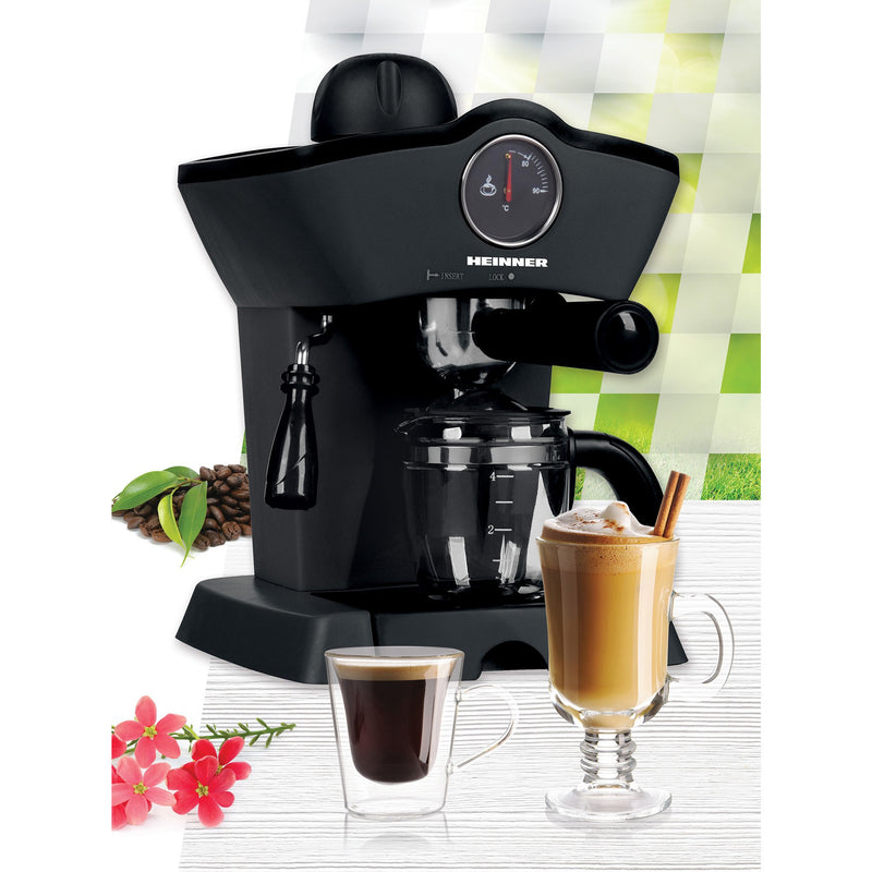 Espressor manual Heinner Retro Effect HEM-200BK, 800W, 3.5bar, capacitate rezervor 0.24L, termometru frontal apa, optiuni preparare: espresso si cappuccino, Negru