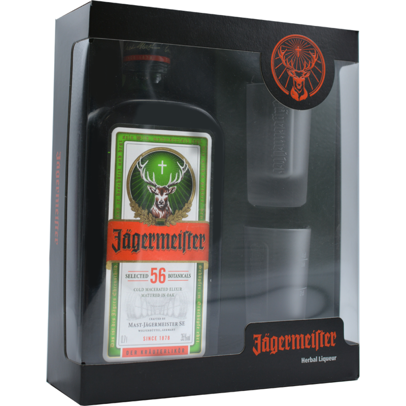 Jagermeister lichior din plante, alcool 35%, 0.7L + 2 pahare