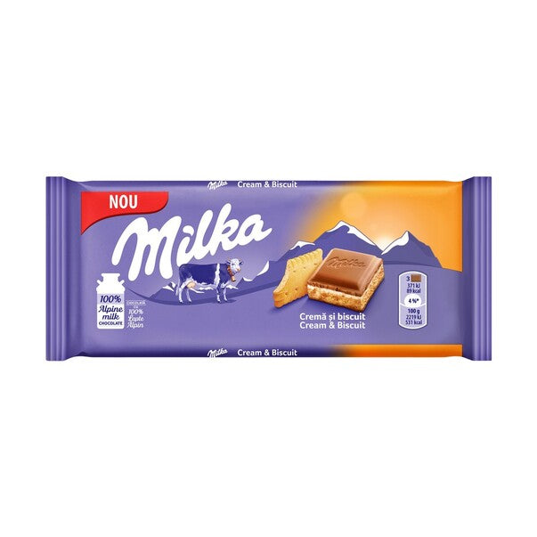 Milka Ciocolata cu lapte alpin, crema de lapte si biscuiti, 100g