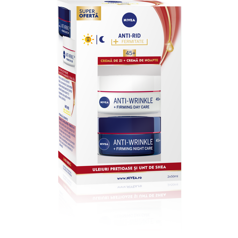 Pachet Nivea Crema de zi antirid 50 ml + Crema de noapte antirid 50 ml, 45+