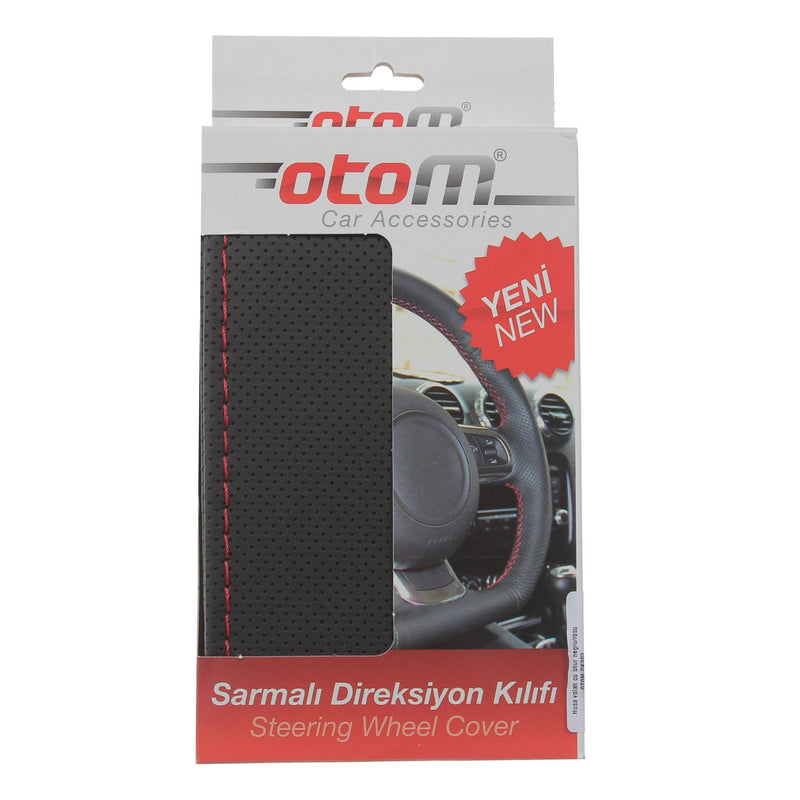 Otom Husa auto pentru volan din piele sintetica cu snur, 37-39 cm, negru/rosu