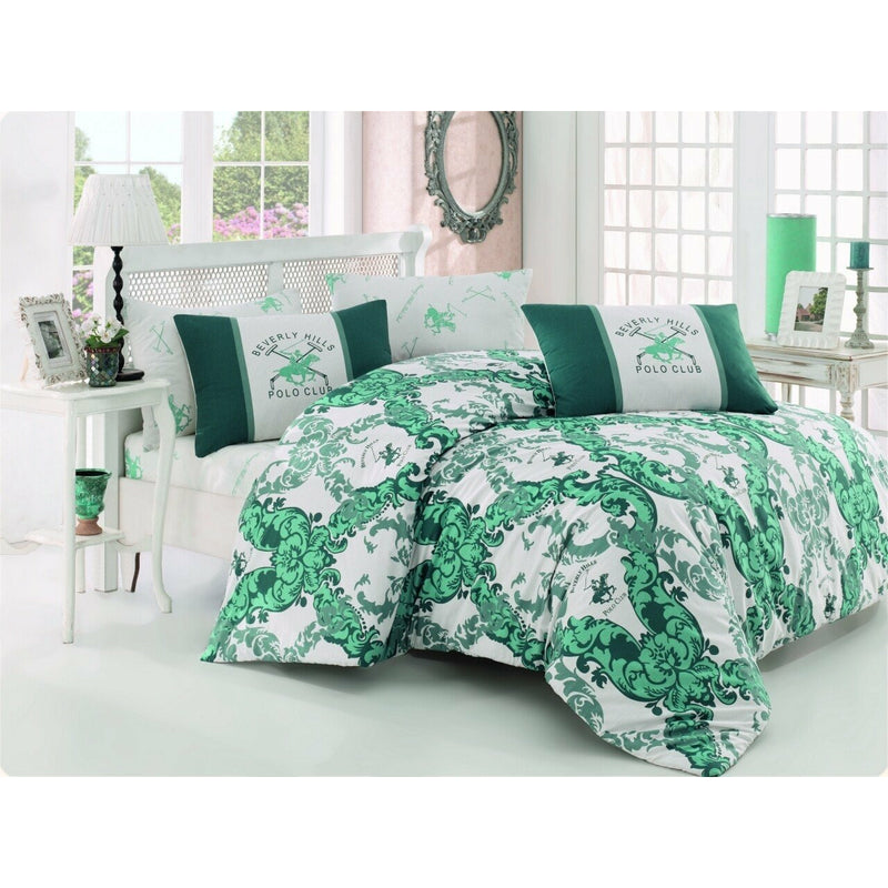 Lenjerie de pat dubla Beverly Hills Polo Club, 100% bumbac ranforce, Green Elegance, 4 piese