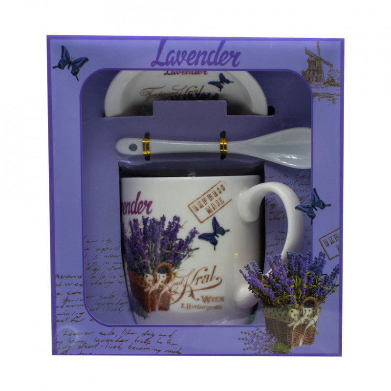 Set cana din portelan cu lingurita si farfuriuta Charisma Lavender, 300ml