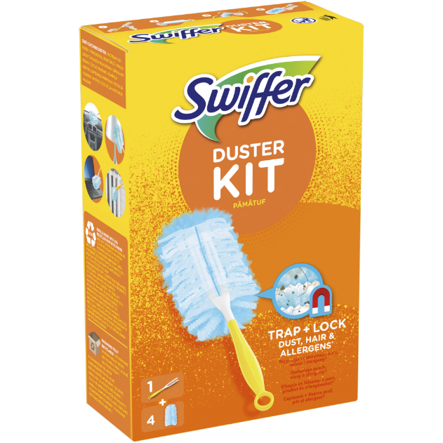 Set pamatuf Swiffer Duster Trap & Lock pentru curatarea prafului cu maner scurt + 4 rezerve