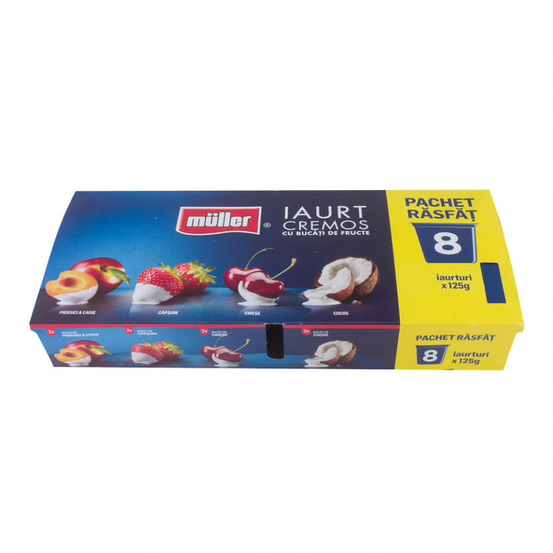 Muller pachet 8x125g iaurt cu cocos, cirese, capsuni si piersici si caise